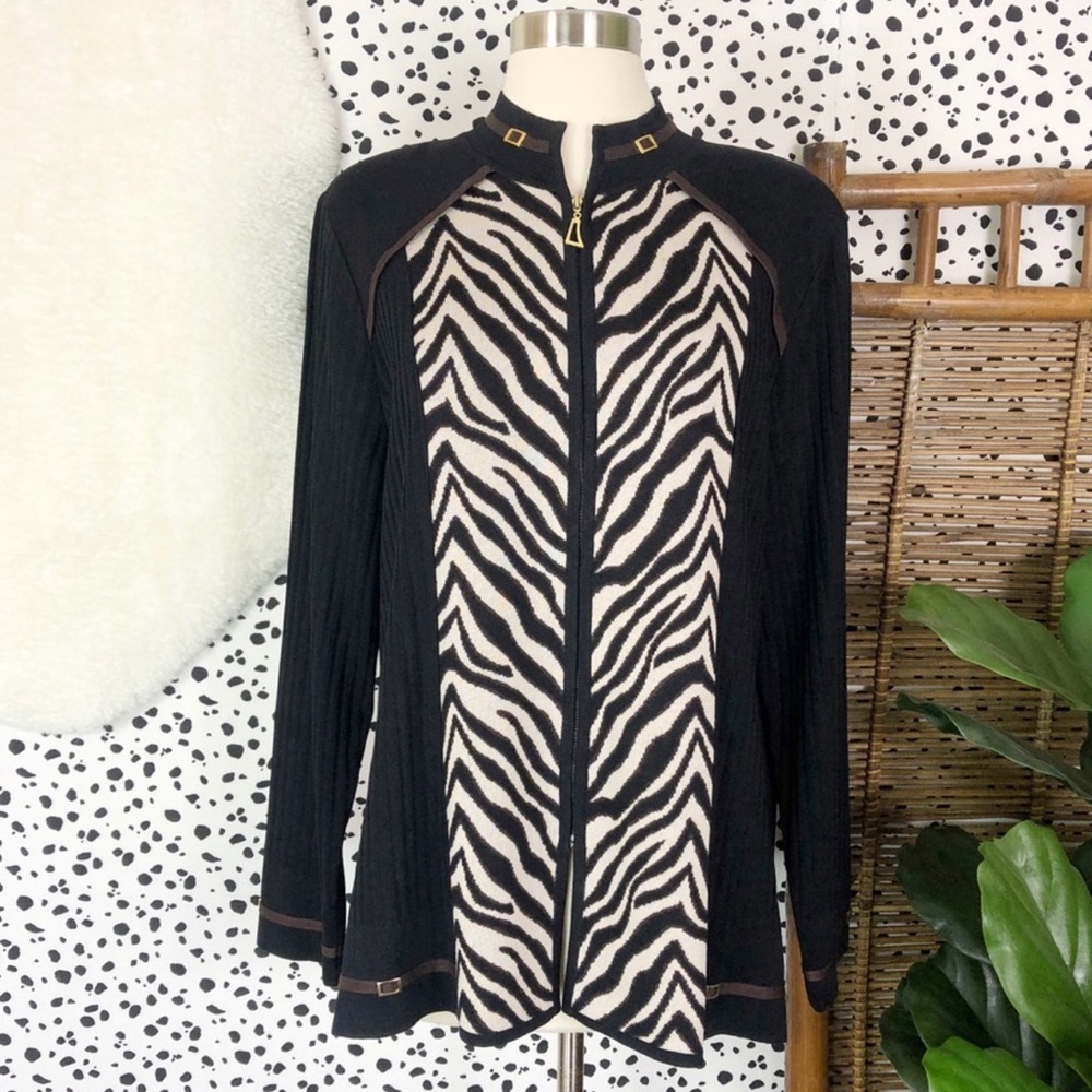 Exclusively Misook | Zebra Print Knit Zip Cardigan